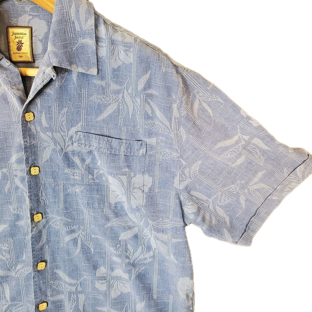 Jamaica Jaxx  Hawaiian Silk Shirt‎ Mens Large Blue Button Up Hibiscus Flower